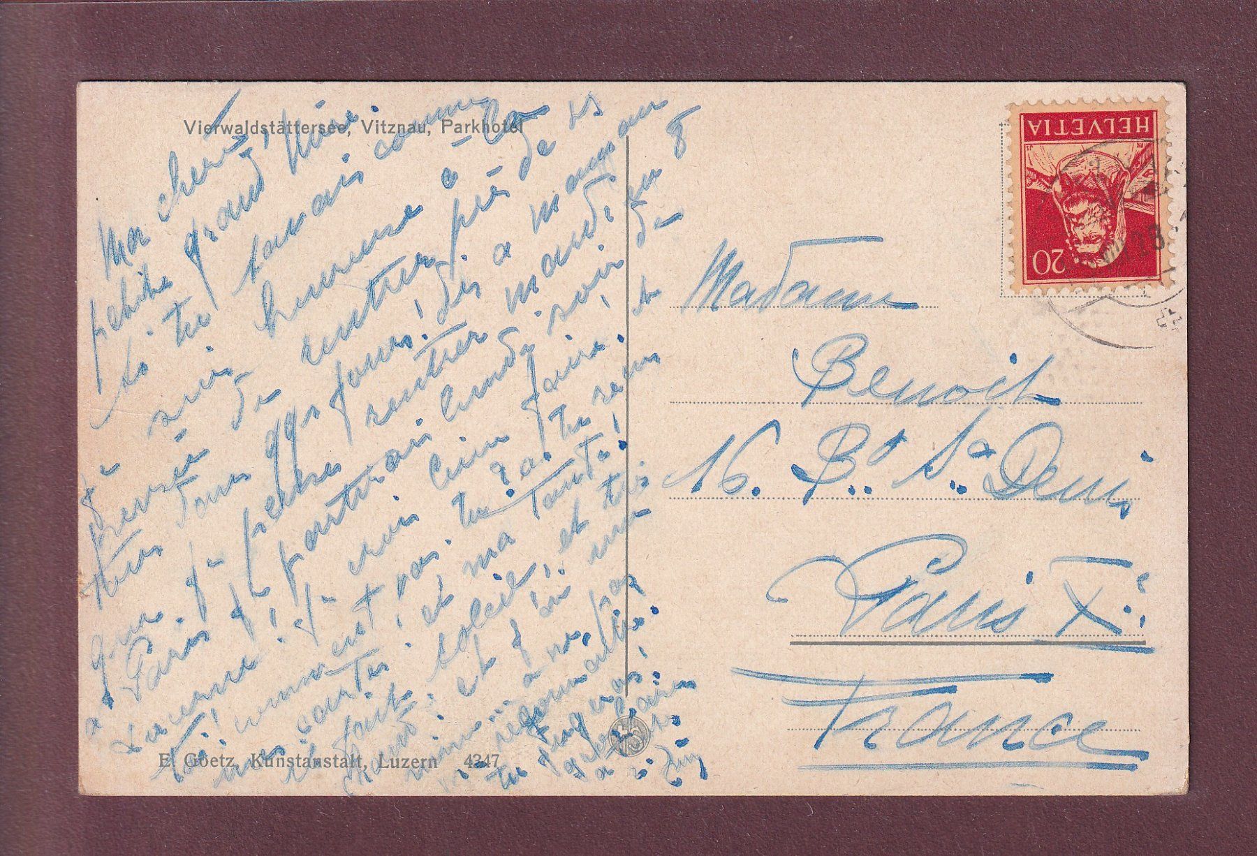 Cartoline postali: VITZNAU - Parkhotel - 1928 – Usato da Pully venduto da nicecards 1