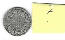 1863rarer Fr. 2.-- u.E. Qualität ss+/vz sitz.Helvetia/Patina