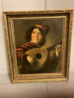 Dipinto ad olio, musicista con liuto, cornice dorata