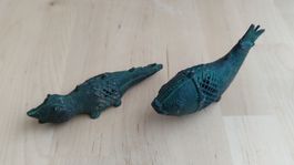 Vintage Figuren Krokodil & Koi, Bronze? (W3)