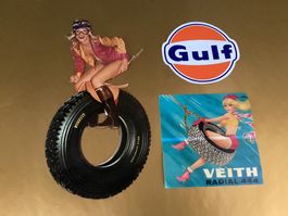 3 alte Werbe Aufkleber PIRELLI / Gulf / Veith / Abziehbilder