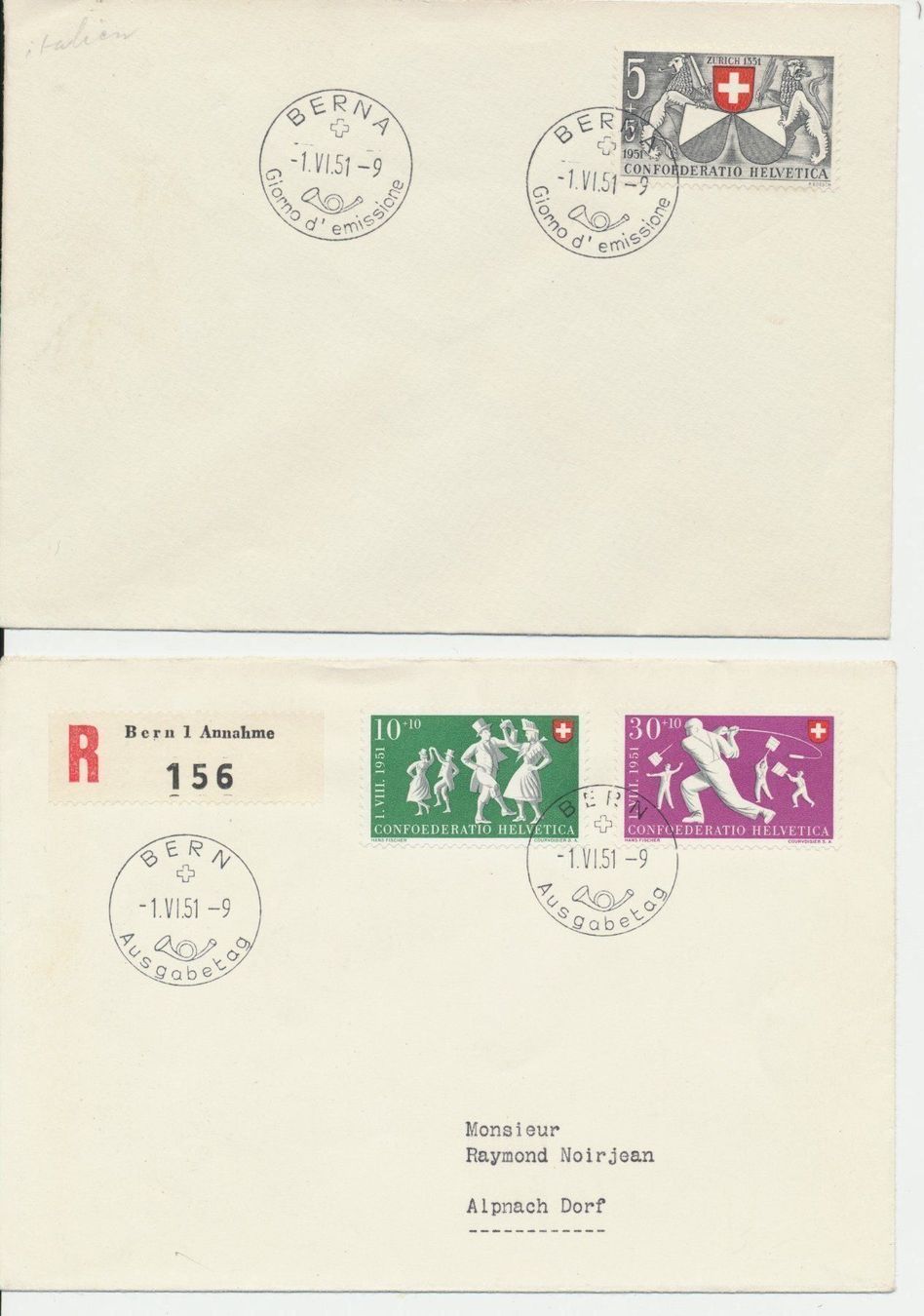 Tutti i francobolli: 1951 FDC Pro Patria 5 Einzelbelege D/I – Usato da Schnottwil venduto da Chasarmar 1