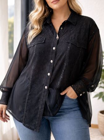 Damen Bluse XL XXL Schwarz Transparent  sexy spitze 4000