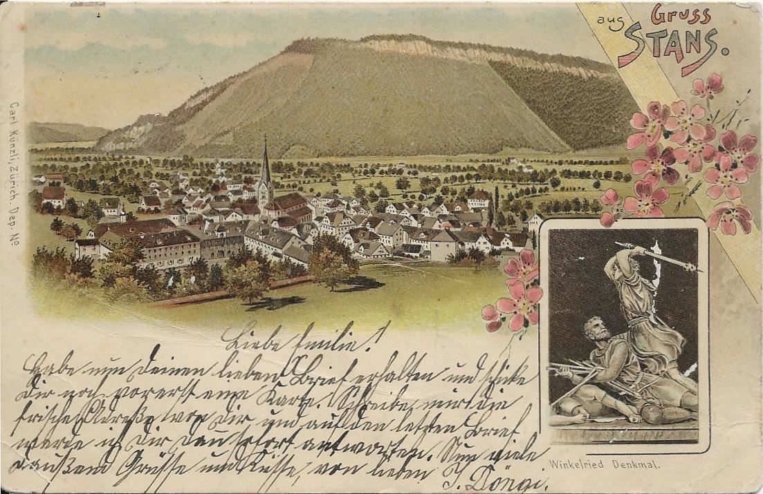 Cartoline postali: Stans NW  2 Bild Litho Winkelried Denkmal 1900 – Usato da Ennetmoos venduto da Ambuman