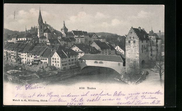 Cartoline postali: Baden, Teilansicht mit Brücke und Kirch – Usato da Berlin venduto da bartko-reher