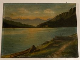 Landschaftsgemälde nicht signiert mit See, Berge, Wiese, Weg