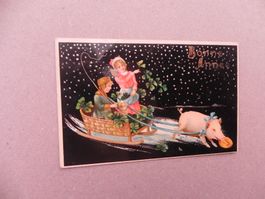 Karte Motiv Humor mit Schwein Sau 1910 Kleeblatt Schlitten