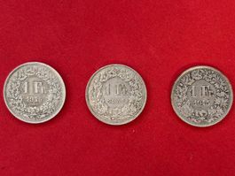 3 Schweizer 1 Franken Münzen 1945 und 1957 gebraucht