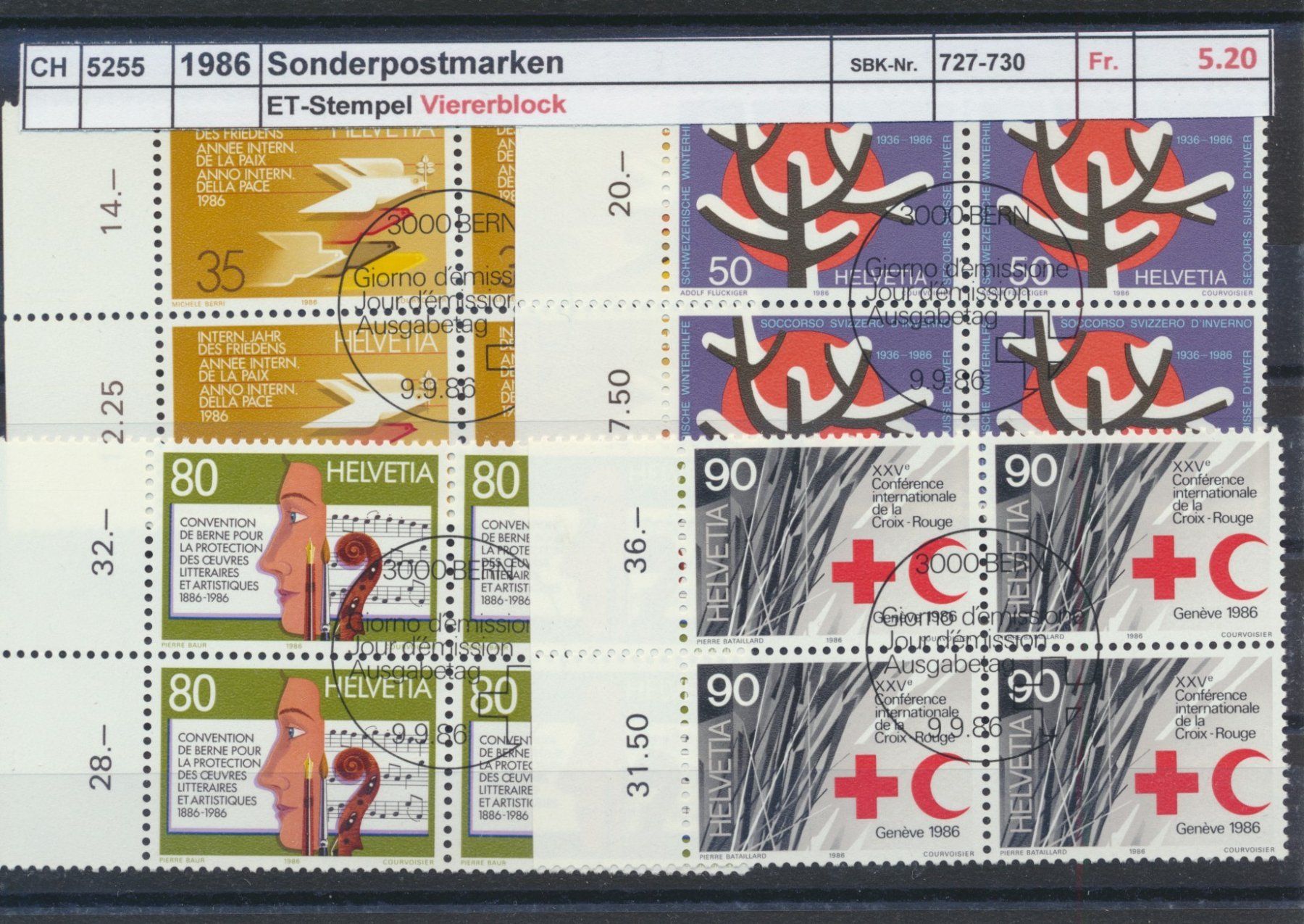 Tutti i francobolli: 1986 "Sonderpostmarken", Viererblock, ET - Stempel – Usato da Winterthur venduto da Zupogeru