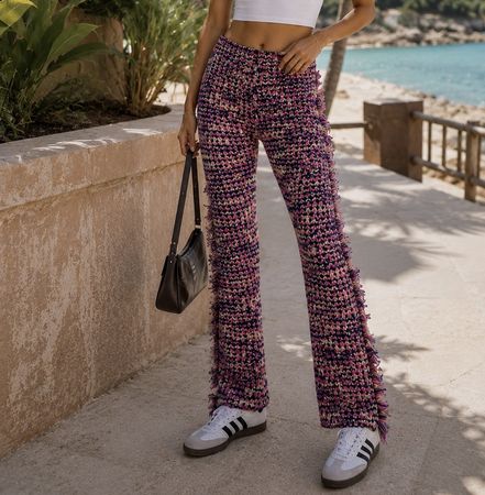 Pantalon d'été style bohème à franges tricoté 