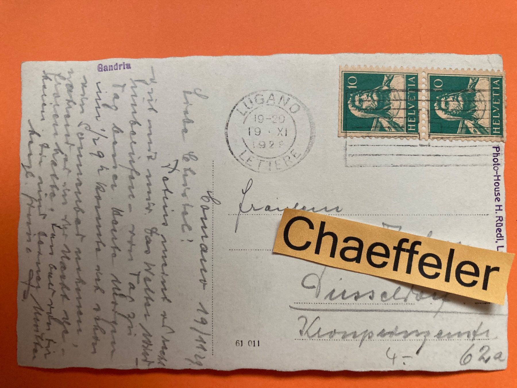 Ansichtskarten: 1929 Gandria – Gebraucht aus Zürich von Chaeffeler 1