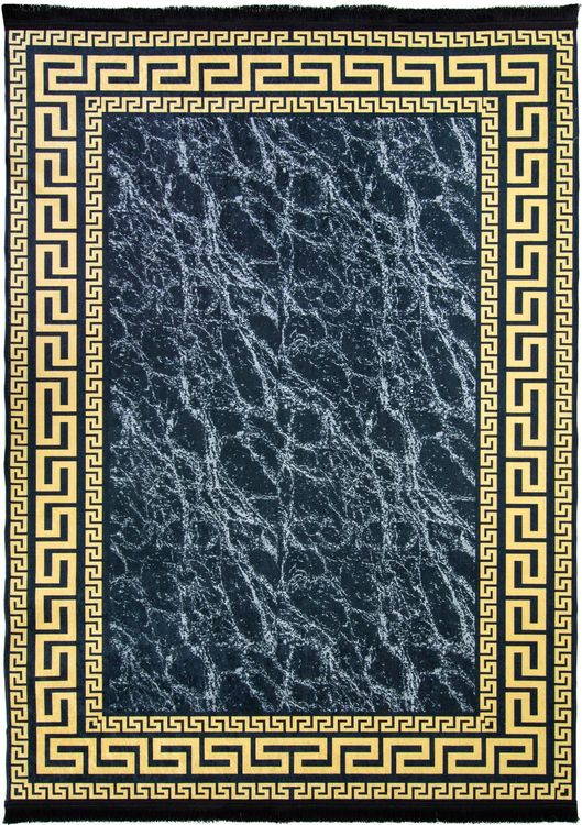 Carpetia Teppich Türkei Wohnzimmer Mäander Teppich Läufer Langflor Schwarz Gold Rug 609 Teppichboden Meterware