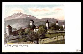 AK Luzern, Turmpanorama mit Mauer, Musegg und Pilatus