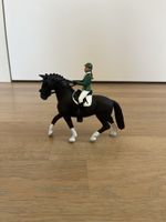 Friese Hengst Reitturnier mit Reiterin in grün