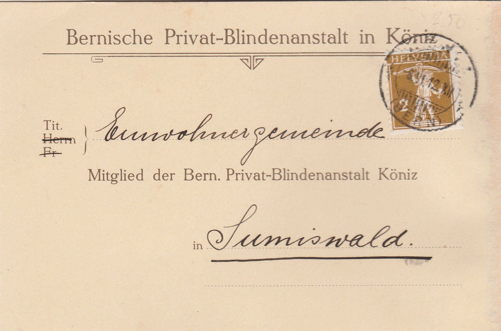 Tutti i francobolli: Bernische Privat Blindenanstalt Köniz – Usato da uttwil venduto da Koehlerfred