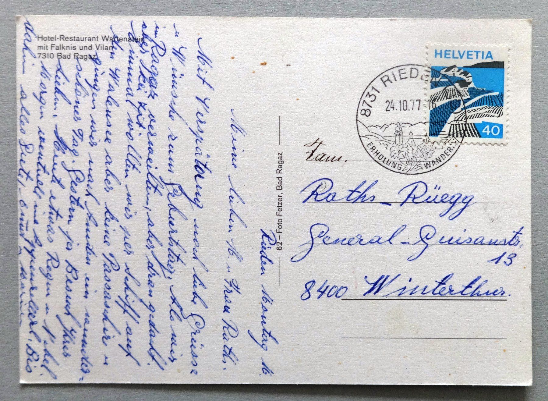 Cartes postales: Hotel-Rest. Wartenstein, Bad Ragaz – D'occasion à Fétigny par Billy2miny 1