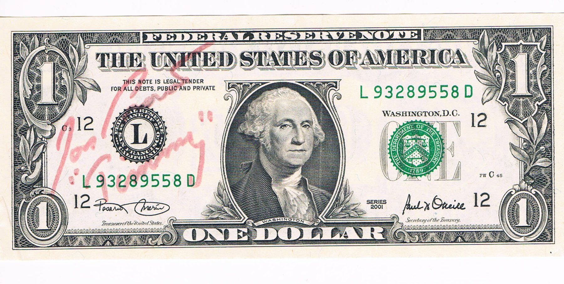 Autografi: Jon Provost 1950- LASSIE Autogramm signiert Dollar Note – Usato da Bischofszell venduto da Gottselig