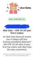 Uber Eats Gutschein 2x 25 CHF für Neukunden gültig