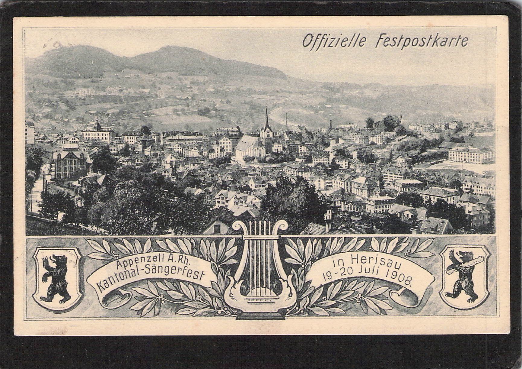 Cartoline postali: Off. Festpostkarte Herisau , Kantonal-Sängerfest 1908 – Usato da Reichenburg venduto da Pipo-67