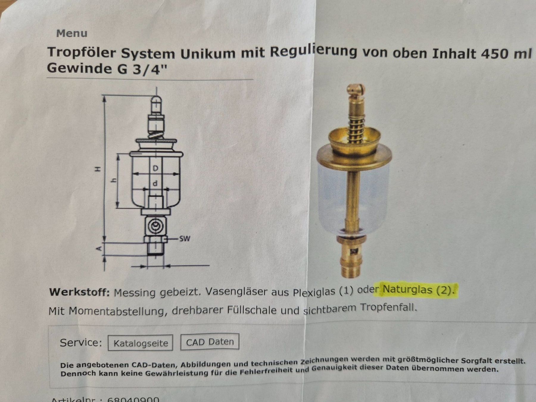 Accessori Trattori &Veicoli agricoli: Tropföler Messing mit Naturglas – Usato da Lütisburg venduto da urbsus 7