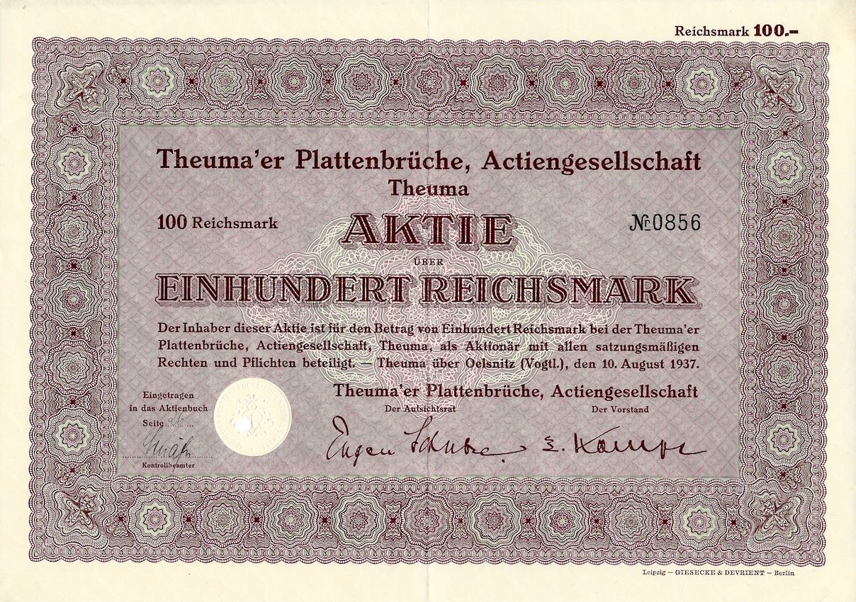 Documenti: Theuma'er Plattenbrüche AG, Oelsnitz - 1937 – Usato da Solothurn venduto da Sgasche