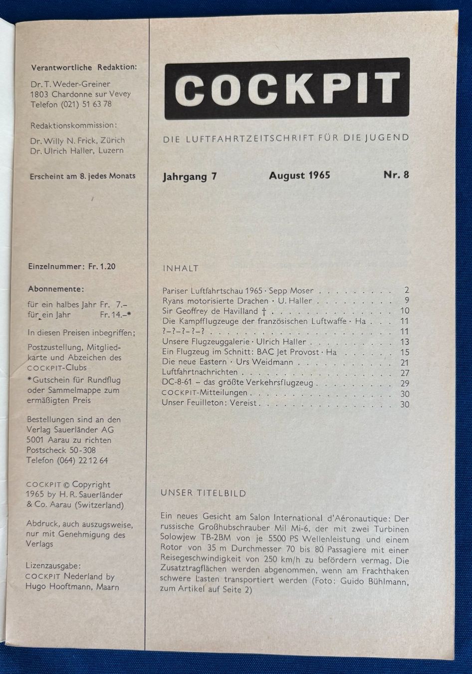 Riviste & Magazine: COCKPIT LUFTFAHRTZEITSCHRIFT VOM AUGUST 1965 – Usato da Ostermundigen venduto da wini63 1
