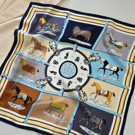 New 53cm 100% Silk Scarf, Horse Print Blue Yellow White