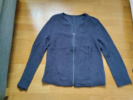 Blue Ribbed Cardigan with Front Zipper Closure Women