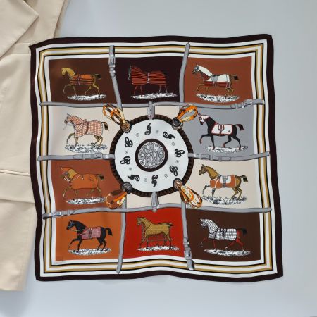 New 53cm 100% Silk Scarf, Horse Print Brown Orange White