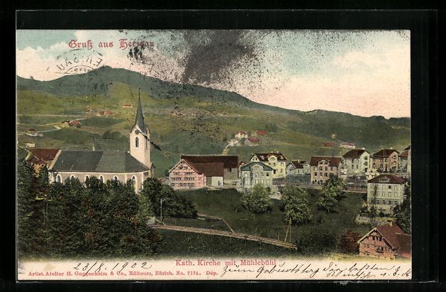 Cartoline postali: AK Herisau, Kath. Kirche mit Mühlebühl – Usato da Berlin venduto da bartko-reher