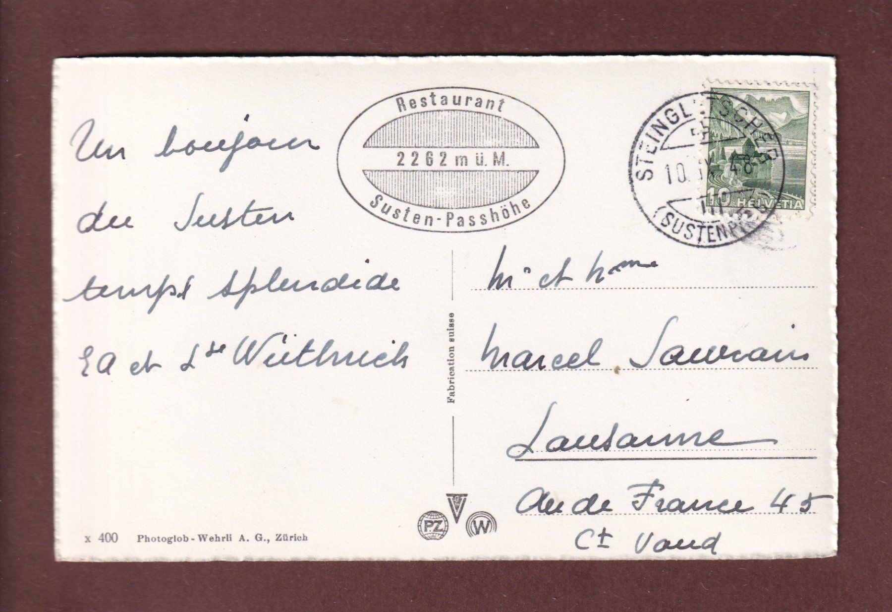 Cartoline postali: STEINALP an der Sustenstrasse - 1948 – Usato da Pully venduto da nicecards 1
