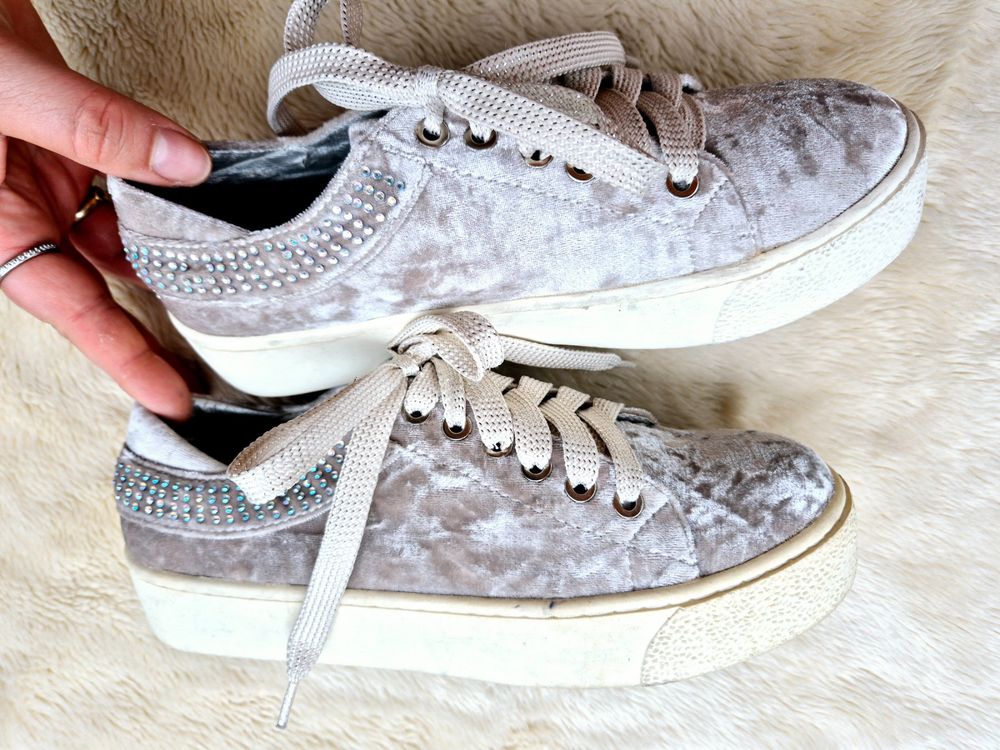 SNEAKER SCHUHE 37 CLAUDIA GHIZZANI SILBER GRAU GLITZER SAMT