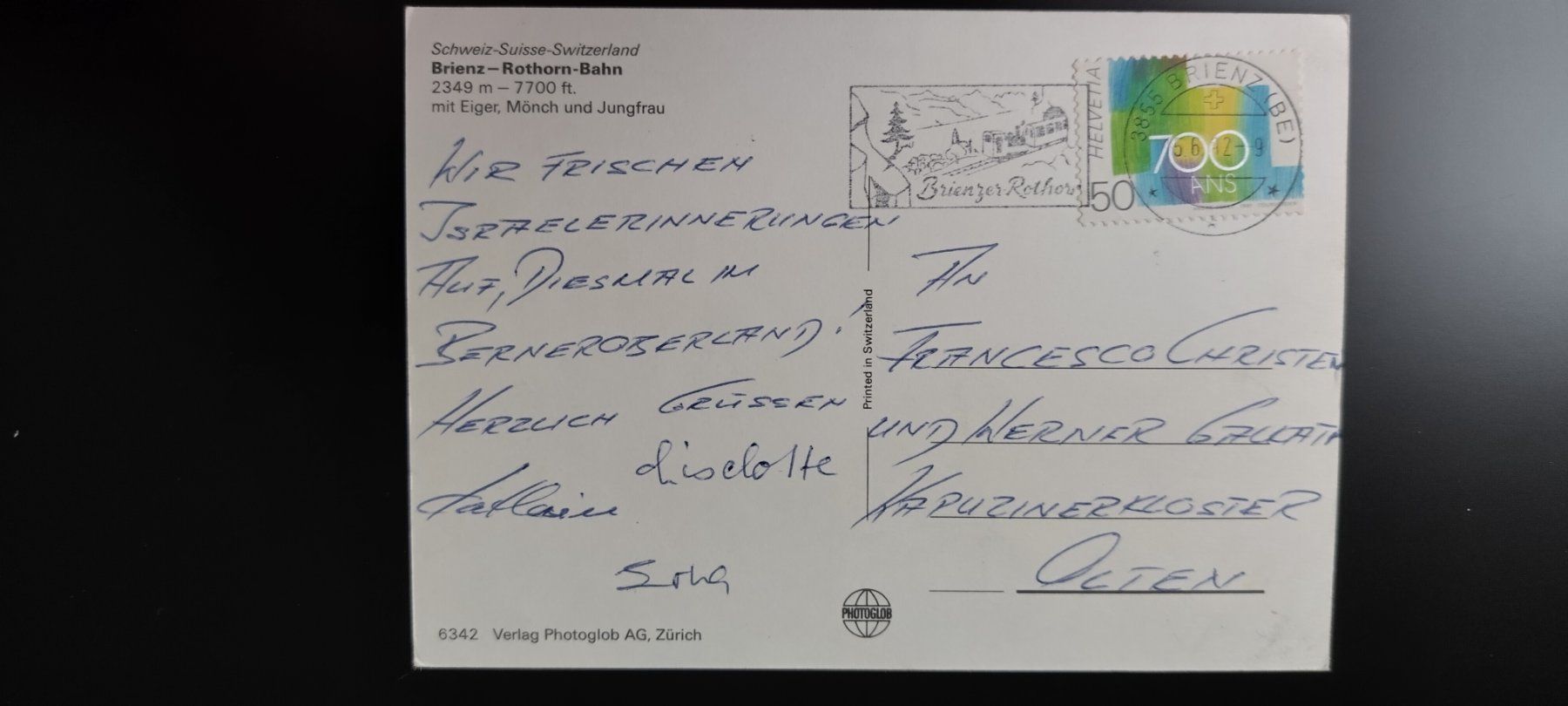 Cartoline postali: Alte Ansichtskarte: Brienzer Rothorn Bahn, dat. 1982 – Usato da Ohmstal venduto da Lebensfreude05 1