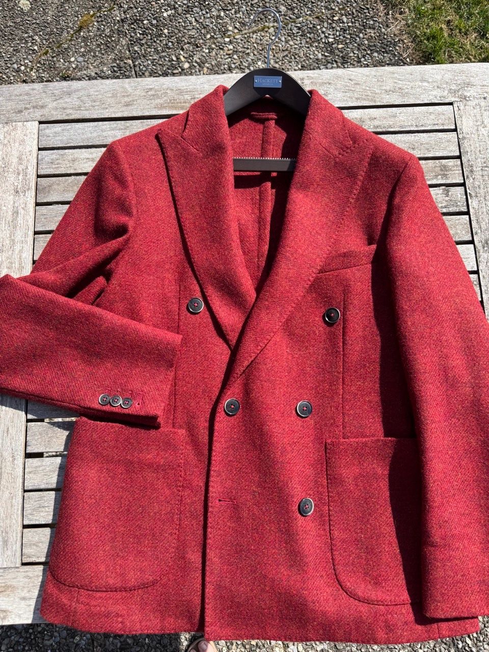 Hackett Giacche: Hackett Jacket / Sakko, Doppelreiher, Tweed Korallrot – Usato da Schlieren venduto da Timsonsan