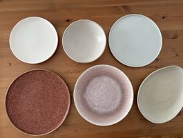 Set of 6 diverse plates different colours and sizes