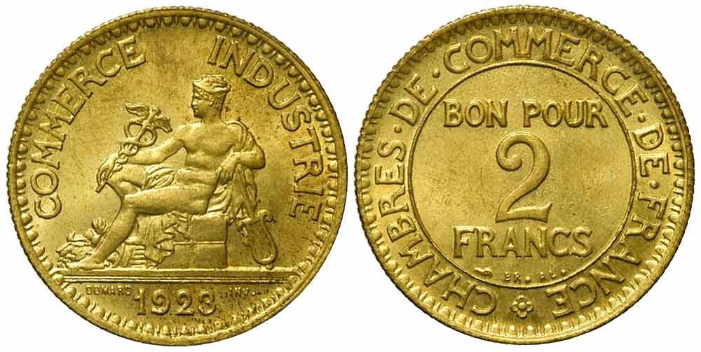 Alle Münzen: Frankreich, 2 Francs 1923 – Gebraucht aus Chiasso von Novamarketing