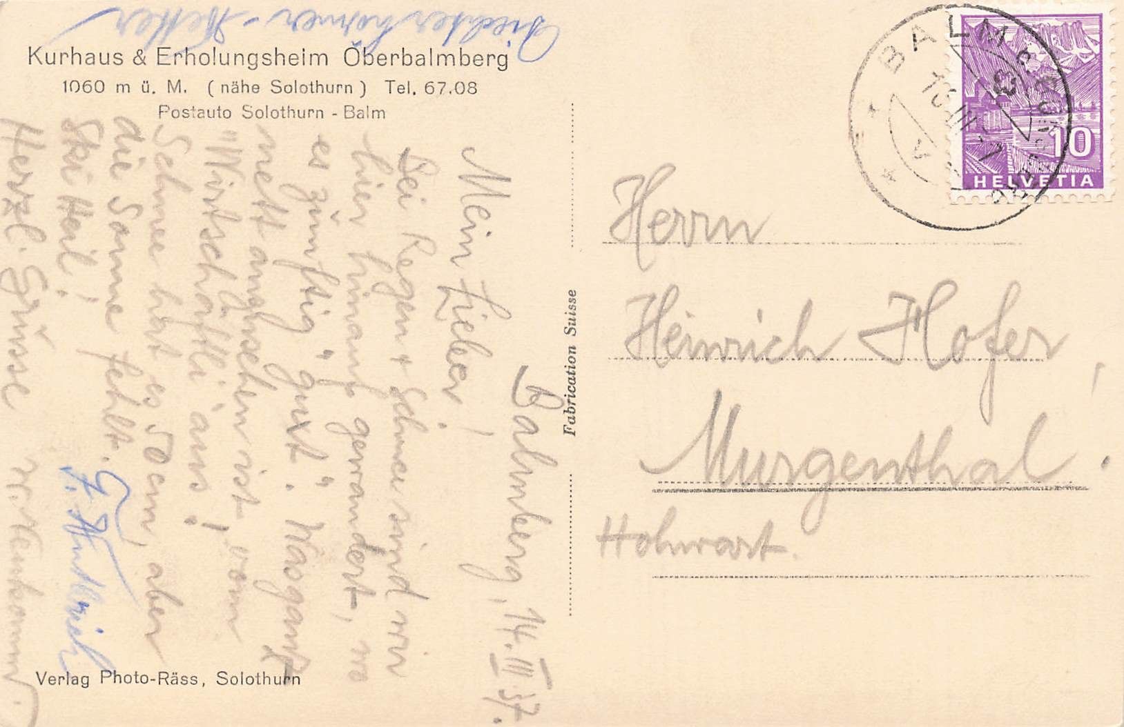 Cartoline postali: Kurhaus Erholungsheim oberbalmberg – Usato da Biasca venduto da Blenio71 1