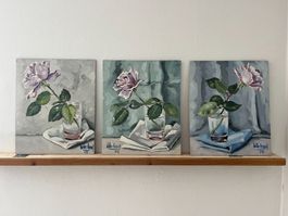 Gemälde aus den 60iger Jahre, Stilleben Rosen lila