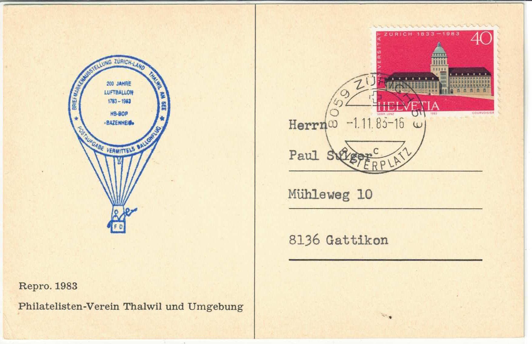 Ansichtskarten: Thalwil - Dampfschiff - Ballonpost - Repro – Gebraucht aus Ettingen von Kartenplanet 1