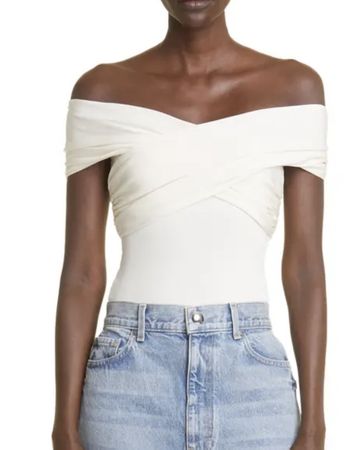 Khaite Rafael Draped Off the Shoulder Bodysuit in Cream