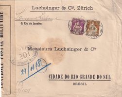 Zensur-Brief von ZÜRICH 4.X.18 nach BRASIL m. Helv.u.Schwert
