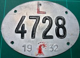 Alte Velonummer BL 4728 L von 1932 von Liestal BL