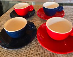 Espressotassen Untertassen 4er Set Rot Blau Keramik neu