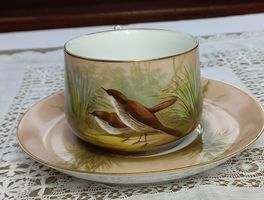 Antike Tasse mit Vogelpaar Motiv Handbemalt