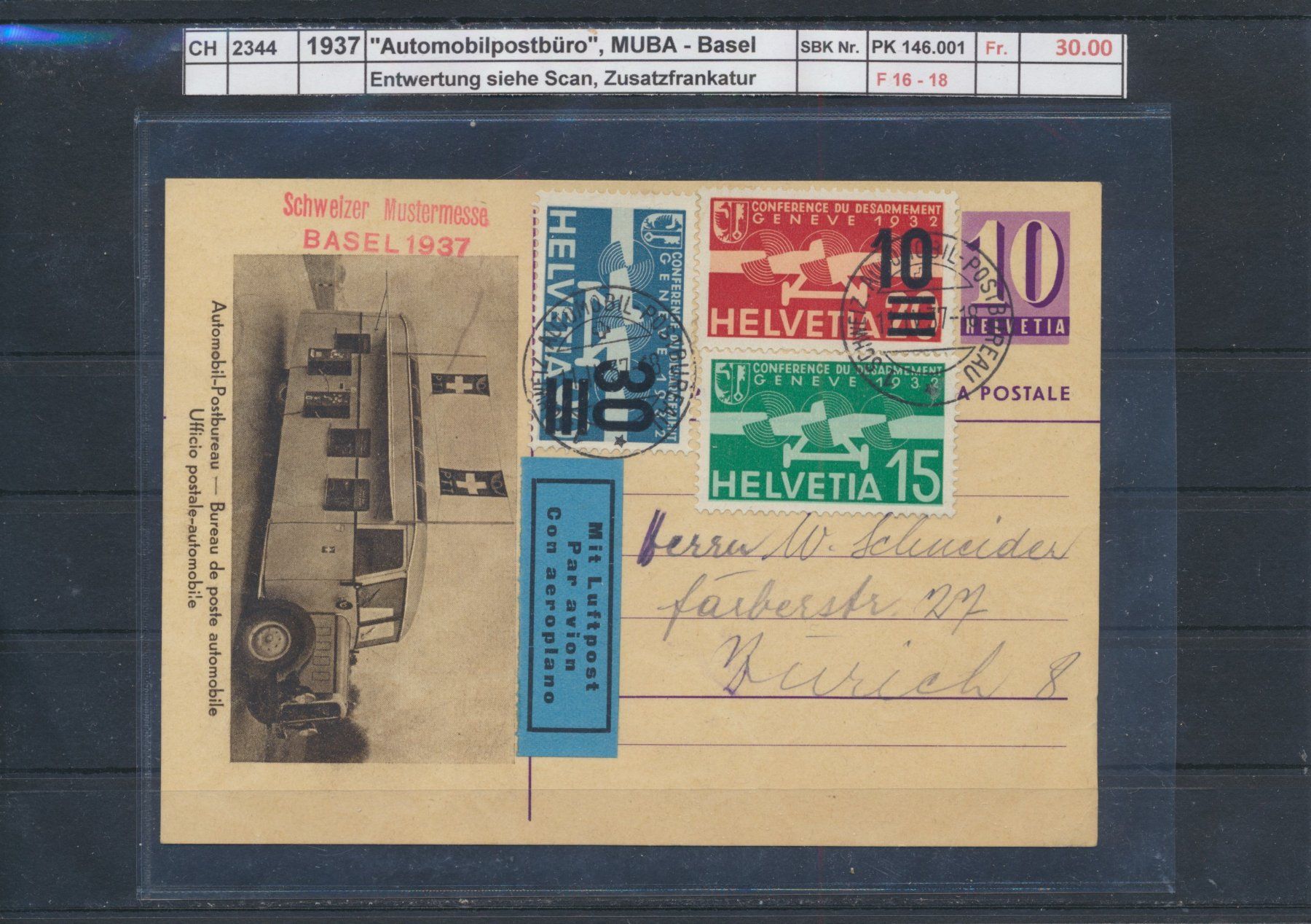 Tutti i francobolli: 1937 "Automobilpostbüro", MUBA - Basel – Usato da Winterthur venduto da Zupogeru