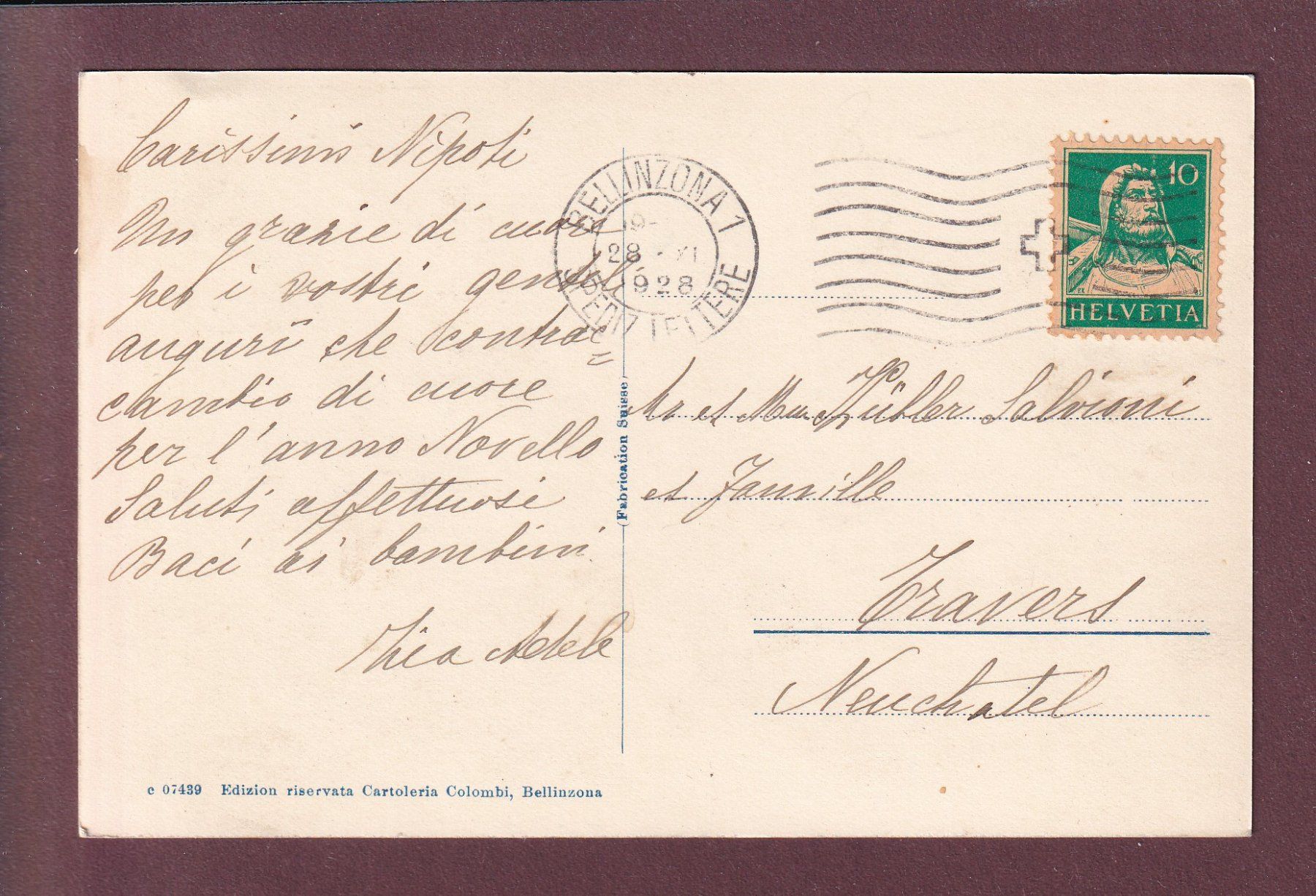 Cartoline postali: BELLINZONA - Palazzo Comunale - 1928 – Usato da Pully venduto da nicecards 1