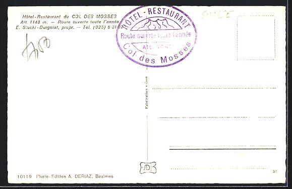 Cartoline postali: Col des Mosses, Hotel-Restaurant du Col  – Usato da Berlin venduto da bartko-reher 1