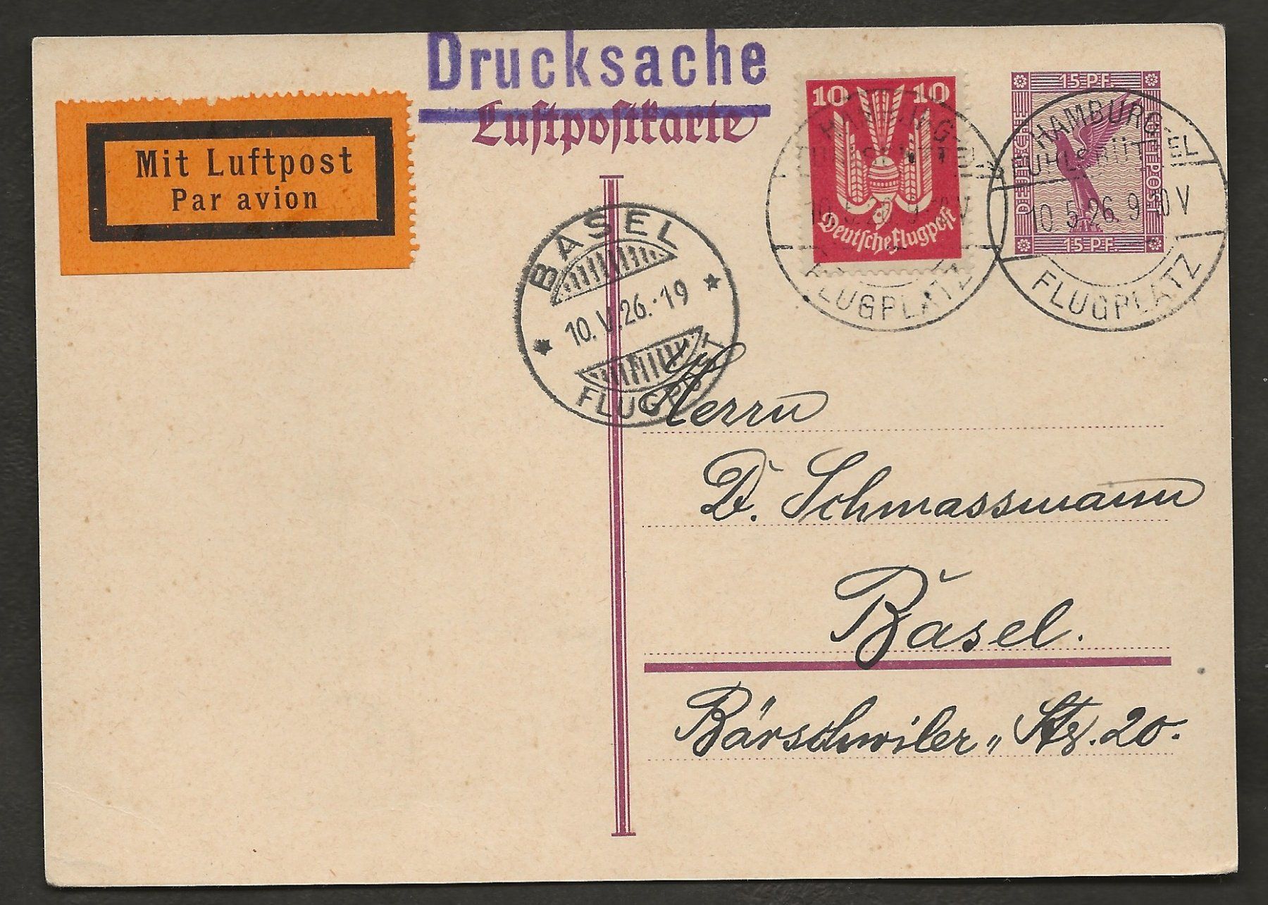 Tutti i francobolli: Flugpost Schweiz 1926 Hamburg Basel Luftpost – Usato da Au ZH venduto da xelagreb01