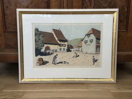 Otto Kaiser, Federzeichnung: Dorfplatz in Pratteln