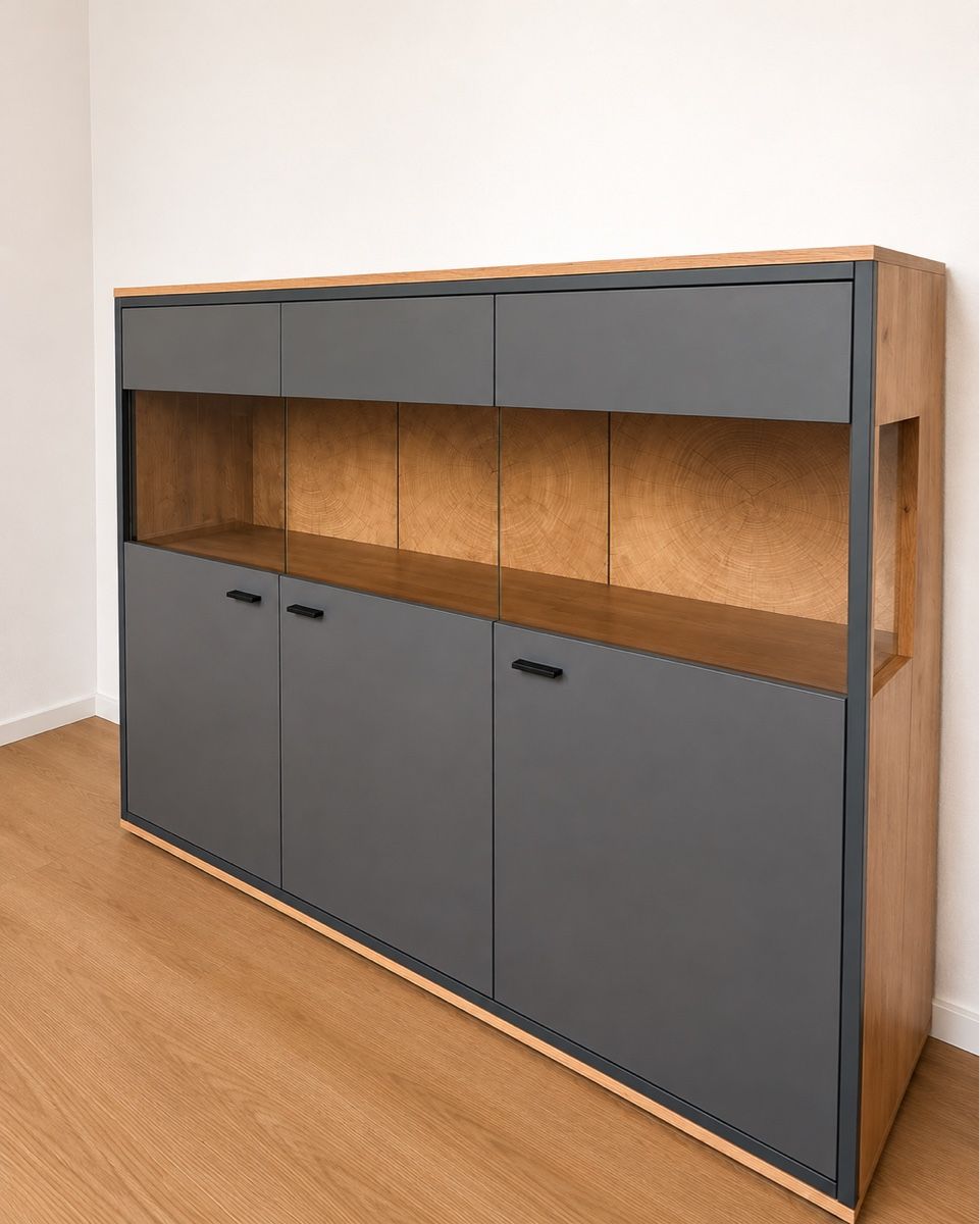 Étagères: Modernes Designer-Sideboard in Anthrazit/Eiche mit Glasfront – Neuf (Voir description) à Volketswil par Alessiagreco